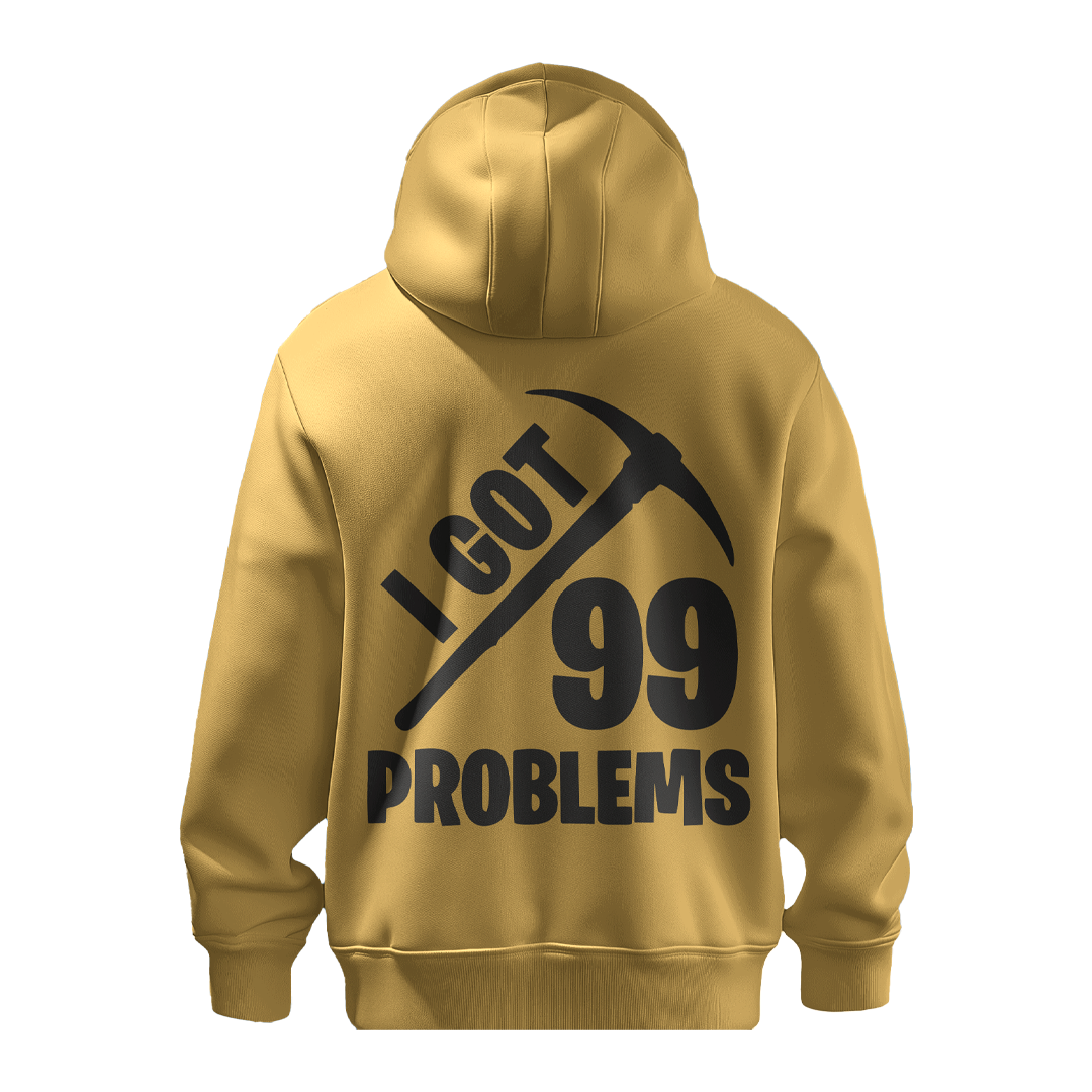 BULL CLOTHING Modern Mustard Yellow Hoodie for Men | I Got 99 Problems with Pickaxe Print | Trendy and Comfortable for Casual Outfits | Ideal for Casual and Streetwear Looks