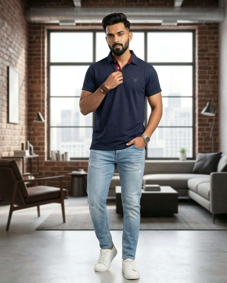 BULL CLOTHING Men's PC Matty Rich Textured Polo T-Shirt | Half Sleeve Regular Fit Casual Polo Tshirt